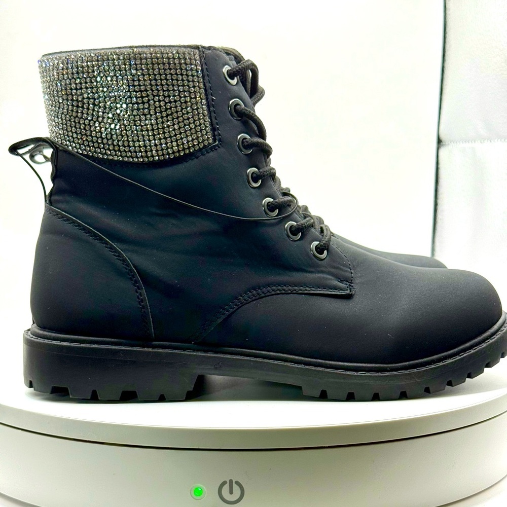 NWT Charlotte Russe Rhinestone Collar Combat Boots – Black – Size 8